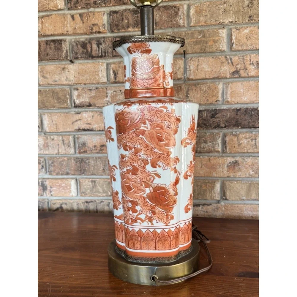Vintage Kutani Style Porcelain Table Lamp Red‎ Floral Chinoiserie Asian Decor